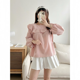 Áo Babydoll Nữ Tay Bồng Viền Bèo Chất đũi Nhăn Xanh Hồng Be Nâu, Áo Sơ Mi Nữ Cổ Tròn Form Rộng Tiểu Thư  HOTTREND SEE