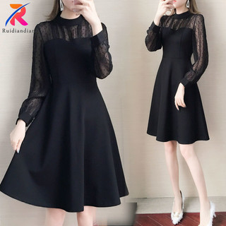 Ruidiandian Ren Đầm ôm 2024 Mới Plus Size 4XL Đen Đầm Phong Cách Hàn Quốc Mỏng Phù Hợp Với Cổ Tròn Dài Tay Đầm ôm