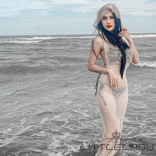 Ltl-áo đầm đi biển dài ôm vừa vặn mùa hè dành cho nữ Lưới rỗng có mũ trùm đầu cổ cao không tay hở lưng