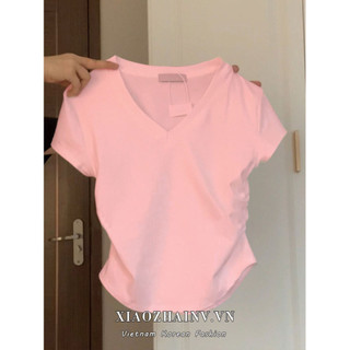 Xiaozhainv Áo thun ngắn tay cổ chữ V màu trơn đơn giản dành cho nữ