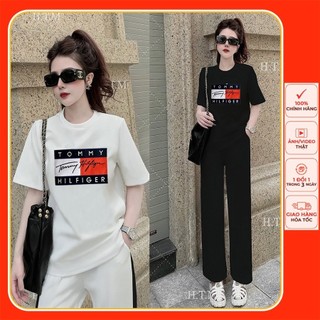 Bộ dài nữ cotton 100% áo thêu chữ TOM.MY quần phối sọc cực ngầu trẻ trung cá tính Phong cách Hàn Nhật .u