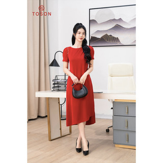 Đầm lụa đỏ đô dáng suông, vai đính ngọc trai (limitted) TOSON 44003D94