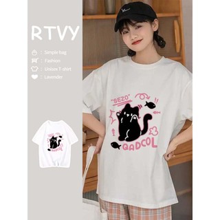 「RTVY」Áo thun Cotton ngắn tay nguyên chất chữ mèo in hình dễ thương dáng rộng thường ngày dành cho nữ