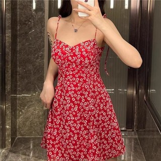 Mùa Hè Hoa Cúc In Pháp Retro Suspender Đầm Thời Trang Giảm Béo Phong Cách Ngày Lễ Váy Chữ A Nữ