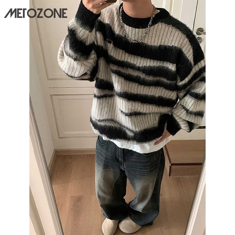 Áo len nam retro Mỹ sọc đen trắng cao cấp phong cách lười biếng áo len mohair