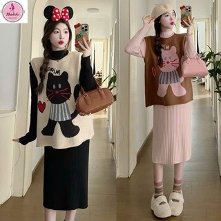  Sét Váy Len Kèm Áo Gile Nỉ MÈO From Rộng Dáng Dài ĐẦM BẦU KHÁNH AN 