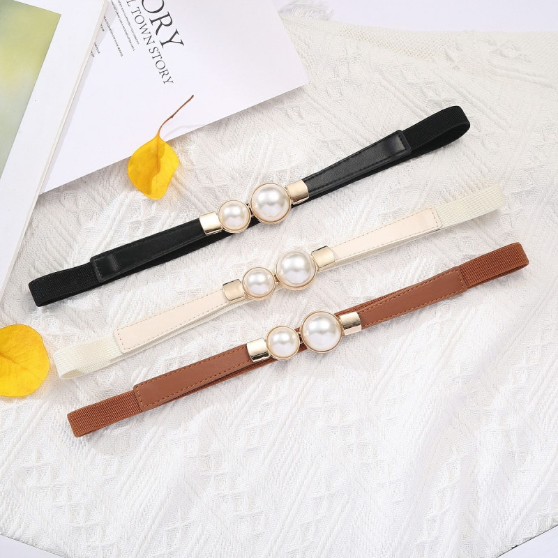 Thắt lưng nữ co giãn 4 ngọc màu trơn Đai Váy chun nữ Hạt ngọc bản nhỏ 1.5cm bản mỏng khóa kim loại-MERCA