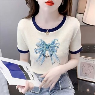 Mùa hè Phong Cách Mới Áo Thun Nữ Tay Ngắn Phiên Bản Hàn Quốc Phù Hợp Với Slim-fit Nhìn Tương Phản Màu Cổ Tròn In Hình Áo Thun Thời Trang Nữ Hợp Thời Trang ZX8H