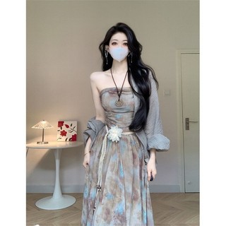 Eo hẹp Lạnh Cảm Ứng Dây Buộc-Dye Tính Khí Váy In Hình Mùa Hè Retro Nữ Thiết Kế Phong Cách Mới Rõ Ràng Đầm Ống