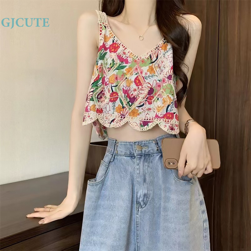 Gjcute Mùa Hè Retro Hoa Camisole Nữ Cổ Chữ V Không Tay Rỗng Thêu Top WTD