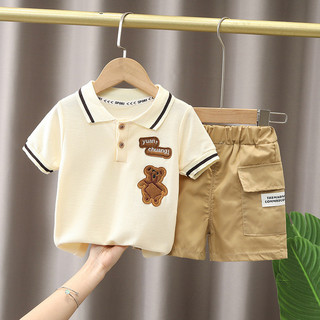 Bộ đồ mùa hè cho bé trai 2024 Áo sơ mi Polo sọc ngắn tay thời trang trẻ em mới Bộ đồ hai mảnh + quần
