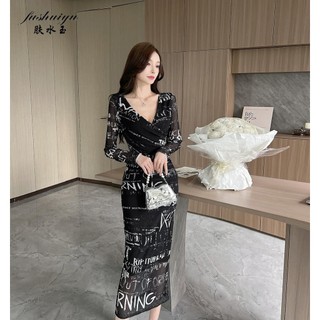 Fushuiyu Váy dài tay in hình lưới gợi cảm quấn váy đáy cổ chữ V dài tay