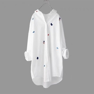 Áo sơ mi nữ thêu ve áo cotton dài tay dài vừa phải áo sơ mi trắng rộng rãi