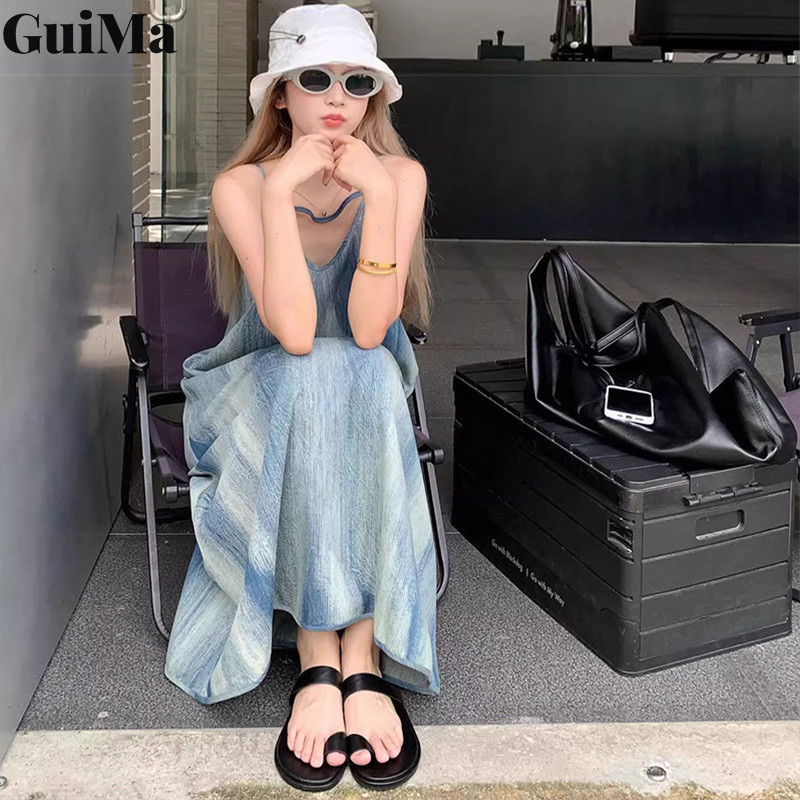 Guima Váy treo kiểu Pháp đẹp dành cho nữ, váy dài kỳ nghỉ dáng rộng và lười biếng