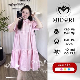 Đầm bầu babydoll, Váy bầu xinh mặc mùa hè kẻ caro tay bồng cổ sơ mi