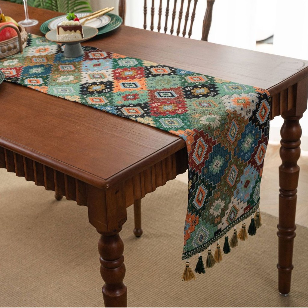 Retro Table Runner Bắc Âu Jacquard Table Runner Trang trại Trang trí Bàn chạy với tua rua Vải lanh C