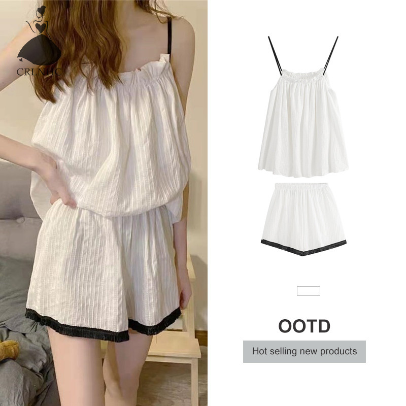 Crlnhc Bộ Đồ Ngủ Áo Hai Dây + Quần Short Dáng Rộng Màu Trơn Gợi Cảm Mặc Ở Nhà