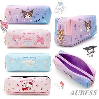 Sanrio Da PU Hộp Đựng Bút Chì Kawaii Melody Hellokitty Kuromi Cinnamoroll Hai Lớp Văn Phòng Phẩm Túi Bảo Quản Hình Trái Tim Dây Kéo Túi Đựng Bút Chì