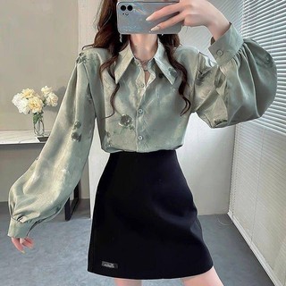 Đệm vai top tính khí áo sơ mi nhẹ sang trọng áo sơ mi cao cấp cảm giác đèn lồng tay áo sơ mi voan