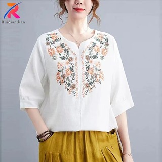 Ruidiandian Top dành cho Nữ Vải Lanh Cotton Thêu Top Vải Lanh Trung Quốc Áo Sơ Mi Mới Mùa Hè Top Dân Tộc Áo Sơ Mi Nữ