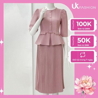  Set Đồ Công Sở Nữ UK Fashion Thiết Kế Áo Cổ Tròn Tay Lỡ Kết Hợp Chân Váy Xếp Ly Vải Hàn Cao Cấp NKBD2206003 
