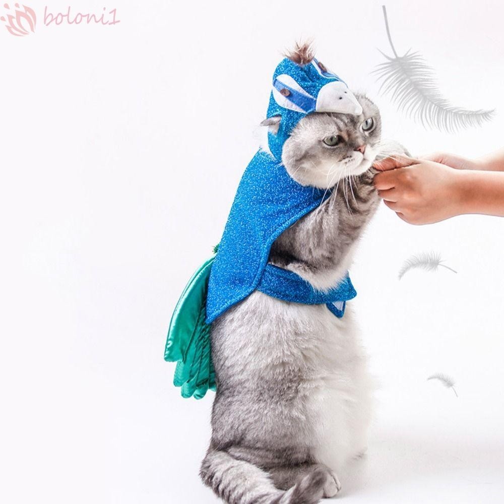 [Cod] Trang phục mèo con công xanh, có mũ có thể điều chỉnh Trang phục hóa trang con công cho thú cưng, Áo khoác cho chó con Polyester Blue Cat Peacock Áo Hoodie Giáng sinh