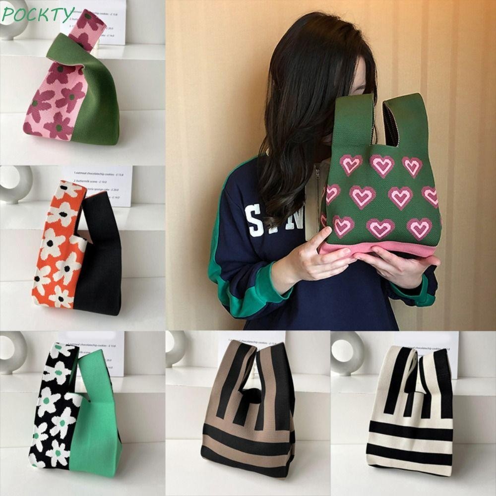 Túi xách dệt kim POCKTY Nữ Cô gái Túi Tote thủ công hình trái tim