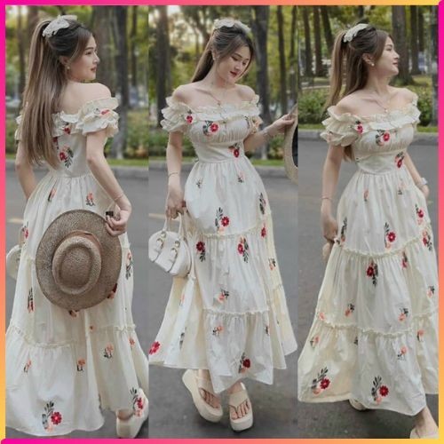 Đầm váy nữ trễ vai hoa xếp ly, Đầm thời trang nữ chất lụa ý in hoa 100D trễ vai bèo mặc đi chơi ngày Hè, váy maxi dài