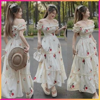 Đầm váy nữ trễ vai hoa xếp ly, Đầm thời trang nữ chất lụa ý in hoa 100D trễ vai bèo mặc đi chơi ngày Hè, váy maxi dài