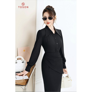 Áo sơ mi lụa đen cổ đức tay bồng nhẹ 11005B14 Toson