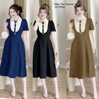 Thời Trang Bigsize - Váy Đầm Bigsize Cổ Sơ Mi Phối Ren Vải Lụa Chéo Thái Thiết Kế Dự Tiệc Nữ Cao Cấp Xinh Đẹp 40-95kg