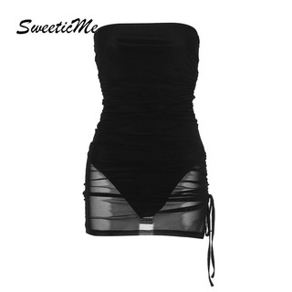 Váy nữ SweeticMe Thời trang mới Màu trơn gợi cảm xuyên thấu Váy Mini