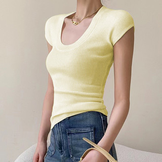 Pháp Cổ Chữ U Cong Hạt Ngắn Tay Áo Thun Nữ Mùa Hè Phong Cách Mới Đơn Giản Slim-fit S