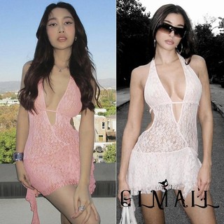 Gml-nữ Mini Đầm Ren Cổ Chữ V Sâu Dây Cổ Không Tay Đầm Mùa Hè Xù Thắt Lưng Đầm Dự Tiệc