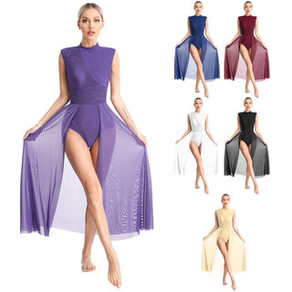 Inhzoy Trang phục khiêu vũ trữ tình cho nữ Ren không tay Leotard Sheer Váy quấn dài