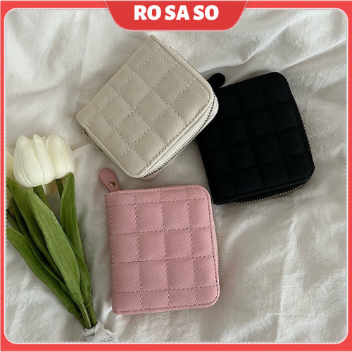 Ví bóp nữ ROSASO ngắn gập đôi mini đa chức năng họa tiết kẻ sọc ô vuông da PU cao cấp gấp gọn V01