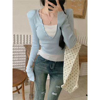 Yuewen Giả Hai Mảnh Dài Tay Khâu Áo Len Ngọt Ngào Sang Trọng Slim-Fit Mỏng Hơn Nhìn Ngắn