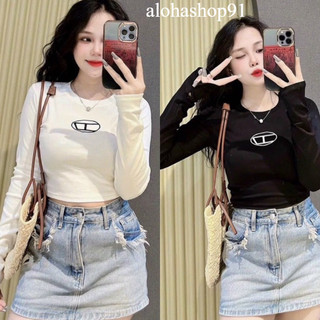 (New) Áo thun croptop phối logo Áo thun ôm body nữ tay dài vạt bầu dáng ngắn phối chữ trước phom ôm sát pc alohashop91