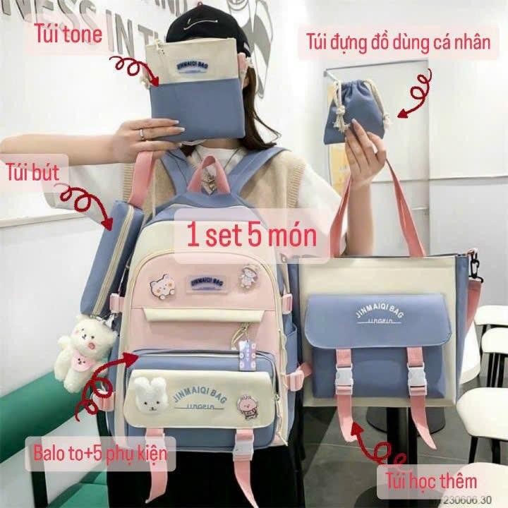 Combo Balo 5 Món Đi Học, Balo Thời Trang - SET BALO 5 món Đeo Vai Backpack Canvas (không kèm móc kho
