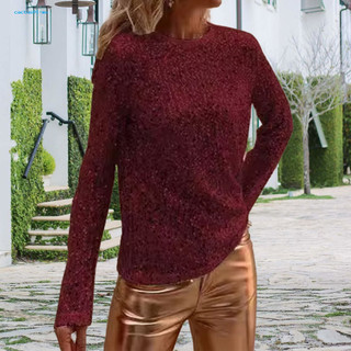 (Xương rồng01) Trang trí Sequin dành cho nữ Áo sơ mi dài tay lấp lánh Sequin lấp lánh dành cho nữ Áo chui đầu cổ tròn sành điệu để mặc hàng ngày Áo sơ mi lung linh vừa vặn thông thường