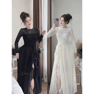 Đầm thiết kế maxi nhẹ nhàng, thanh lịch 2 màu cực xinh cho nàg,đầm ren cổ tròn tay dài phối voan tơ 2 lớp xẻ tà đính hoa