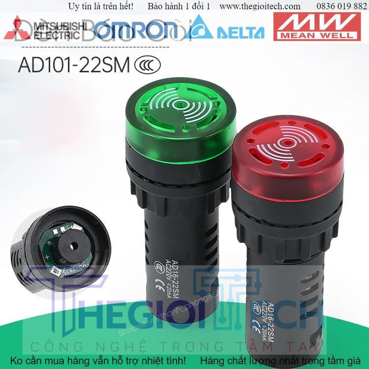 Đèn Báo Còi Phi 22mm AD16-22SM Đèn LED Có Còi buzzer điện 220V 24V 12V AC/DC - Xanh - 12V