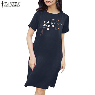 Zanzea Nữ Hàn Quốc Cổ Tròn Thêu Tay Ngắn Viền Đầm Chia