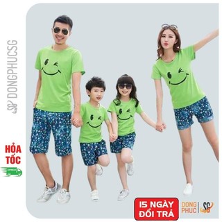 Áo gia đình mặt cười đồ đồng phục gia đình 3/4/5 người thun mềm mịn màu xanh lá GD314XL DONGPHUCSG