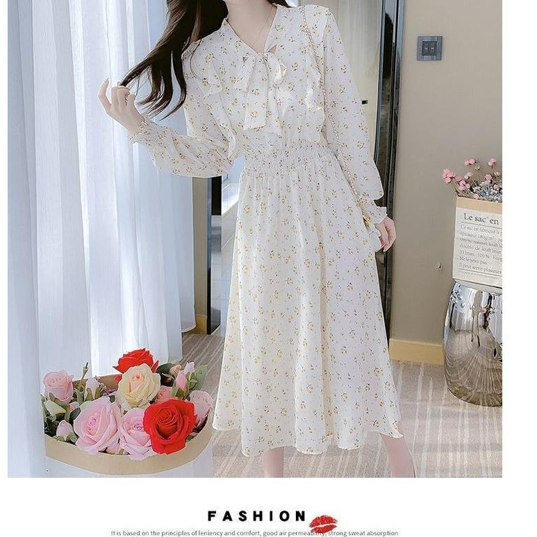 Sugemiusi Đầm chiffon Dài Tay In Hoa Cao Cấp Thời Trang Xuân Thu 2023 Phong Cách Mới