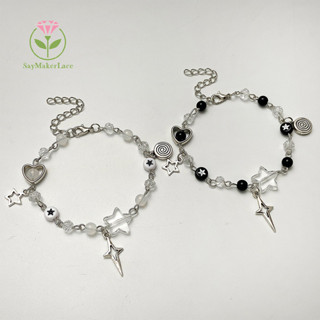 [Saymakerlace] Vòng tay cặp đôi Y2K hợp thời trang mới dành cho nữ Cô gái rỗng Pentagram Mặt dây chuyền đàn Guitar đính cườm Vòng tay bạn bè Món quà trang sức