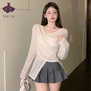 Xiyuyi Pháp dài tay nhẹ nhàng cổ điển màu trơn cổ chữ V dài tay chống nắng áo len dệt kim mùa hè dành cho nữ thiết kế chéo cao cấp cảm giác mỏng