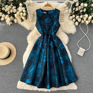 Thời Trang Nữ Vintage Thanh Lịch Cao Cấp Xếp Ly Ôm Chữ A In Đầm Mùa Hè Cổ Tròn Không Tay Tank Top Đảng Kỳ Nghỉ Váy