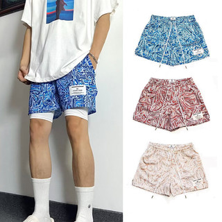 Quần short bóng rổ nam phong cách graffiti in lưới ngắn bóng rổ quần short đường phố rời quần short unisex lưới hip hop bóng rổ quần ngắn xanh đỏ màu be