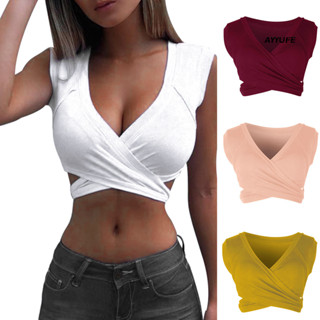 Ayyufe Gợi Cảm Nữ Mùa Hè Màu Trơn Cổ Chữ V Crop Top Slim Không Tay Áo Vest Ngắn